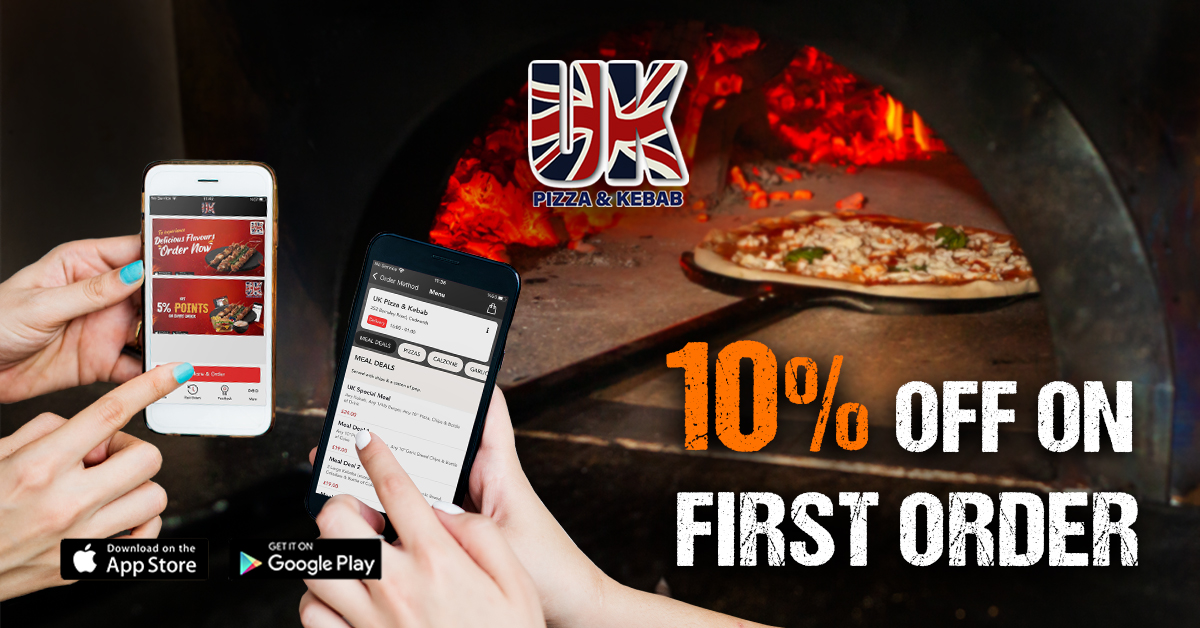 two mobile phones holded by woman hands infront of the pizza oven with UK Pizza & Kebab logo on the top middle with sentence writeen 10% off on first order